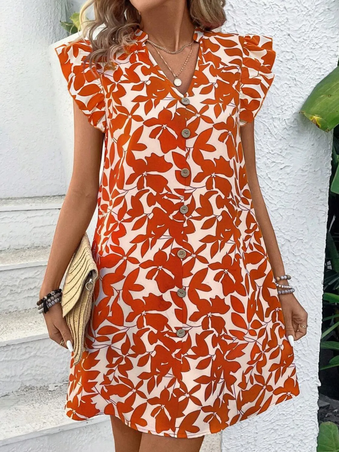 Sunset Vacation Printed Notched Cap Sleeve Mini Dress