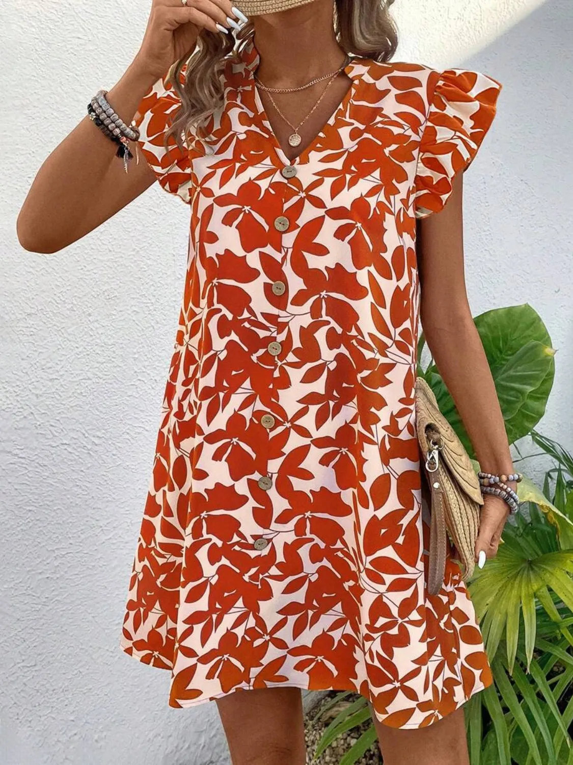 Sunset Vacation Printed Notched Cap Sleeve Mini Dress