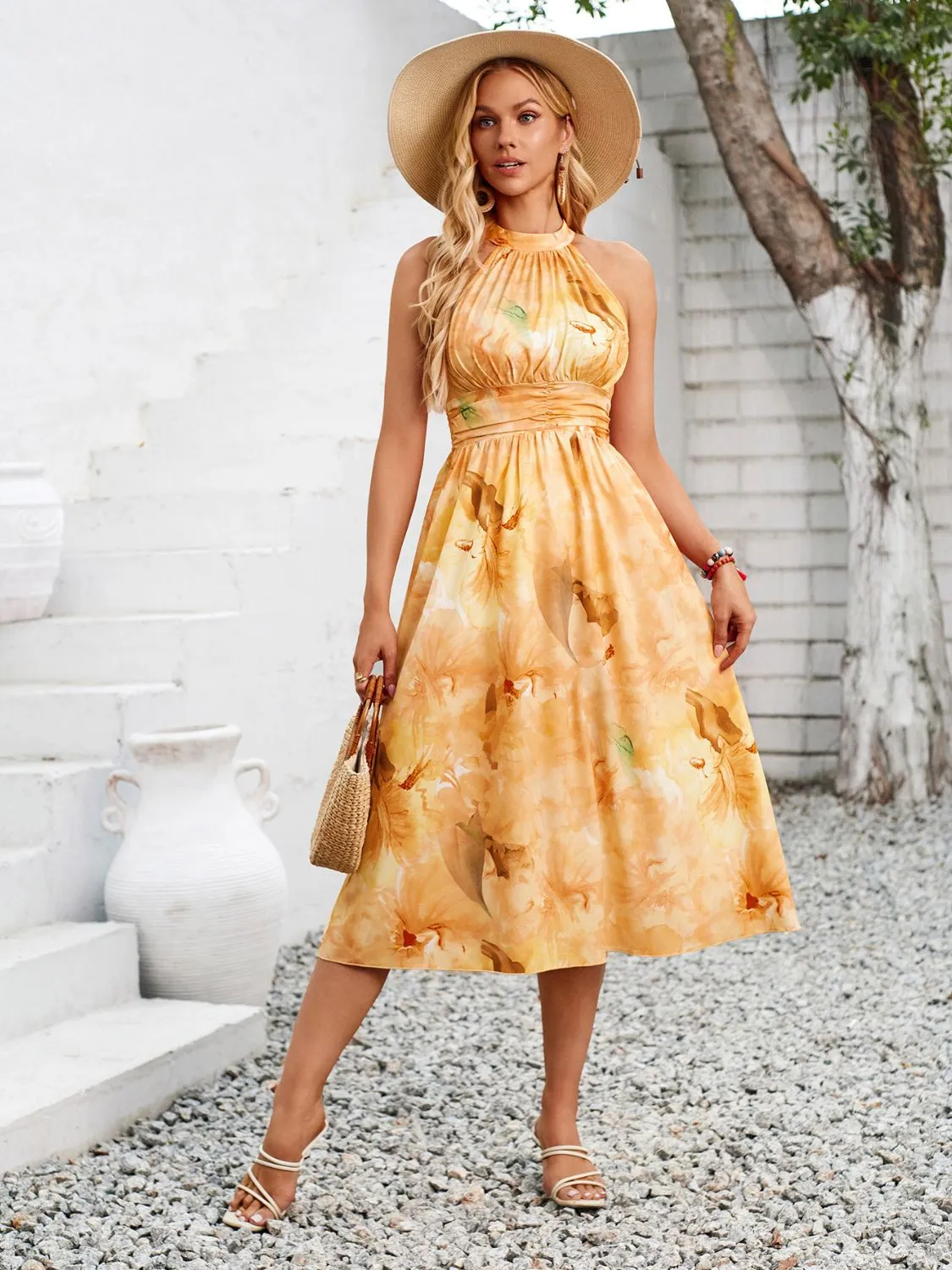 Sunset Vacation Swiss Dot Grecian Neck Midi Dress