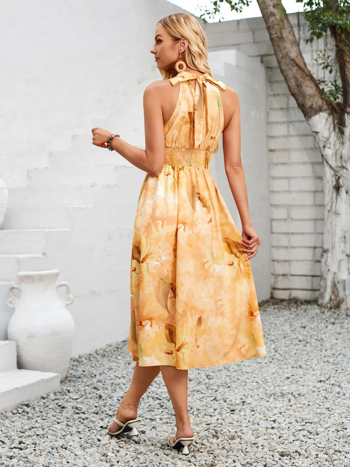 Sunset Vacation Swiss Dot Grecian Neck Midi Dress