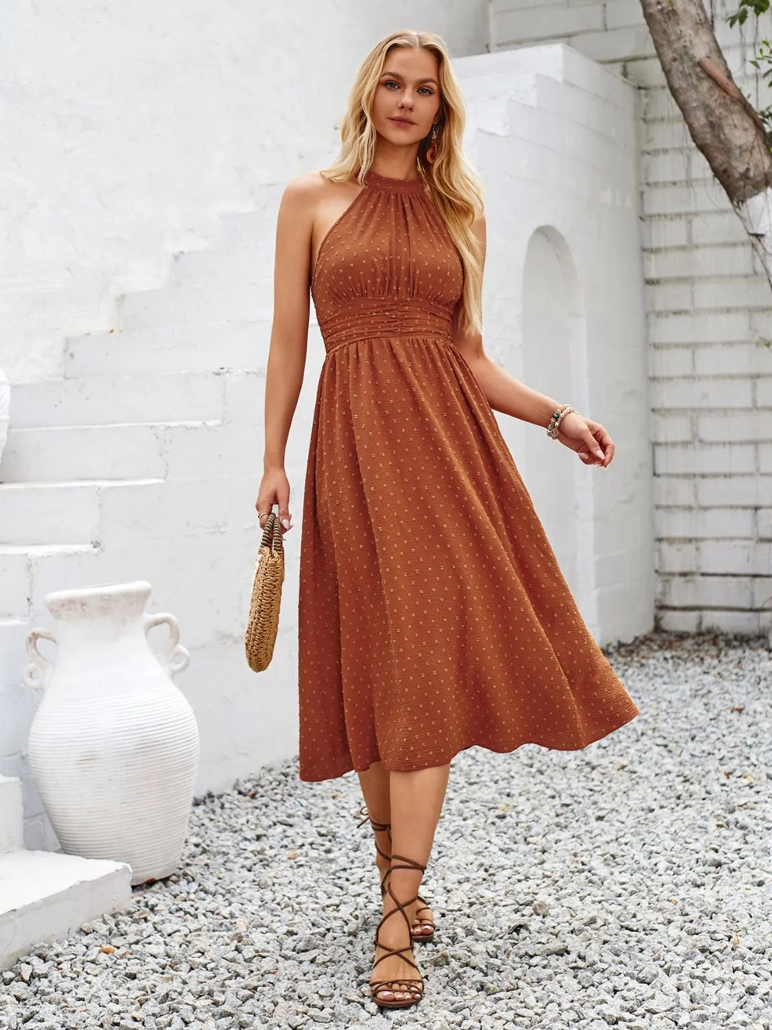 Sunset Vacation Swiss Dot Grecian Neck Midi Dress