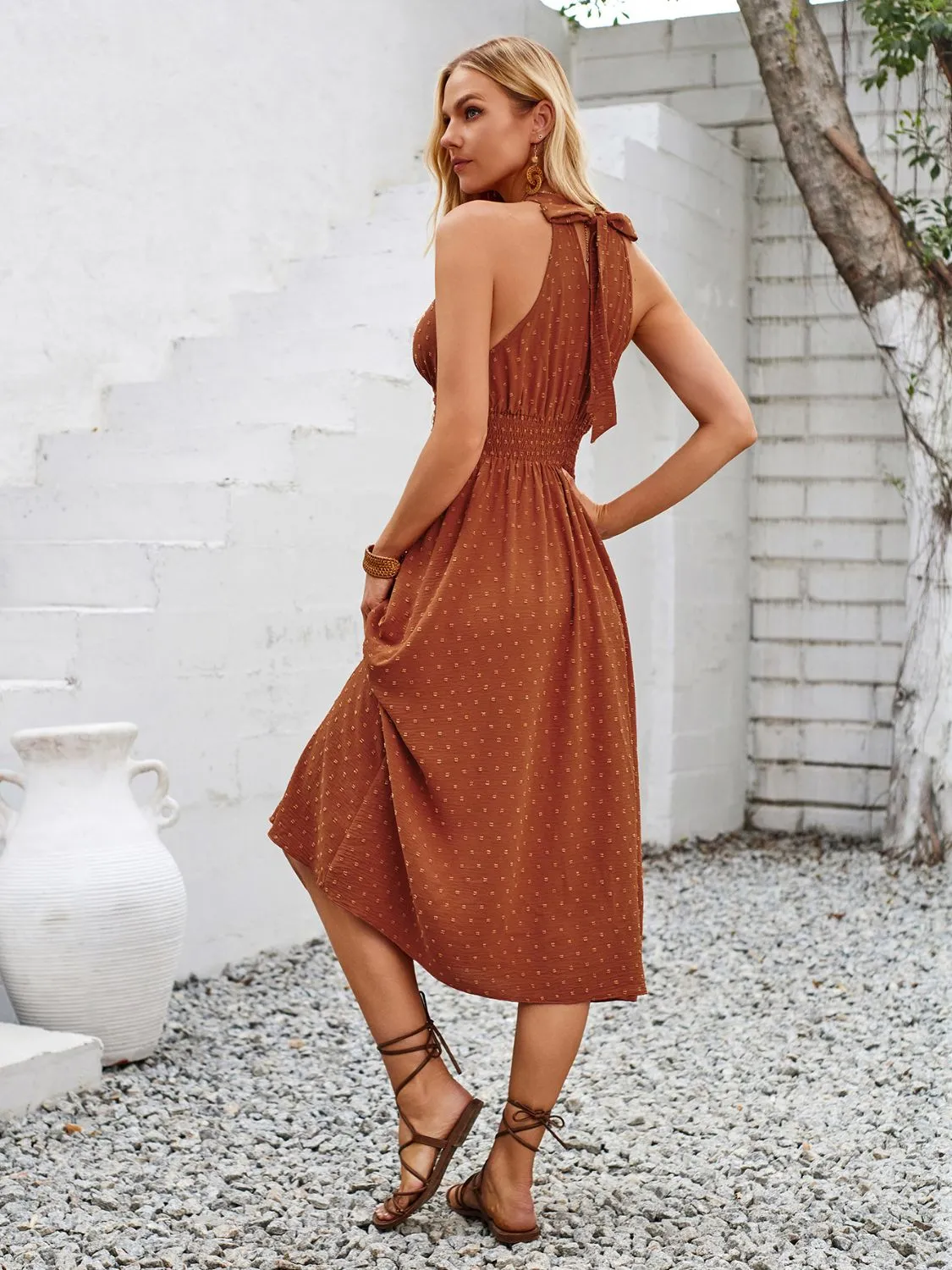 Sunset Vacation Swiss Dot Grecian Neck Midi Dress