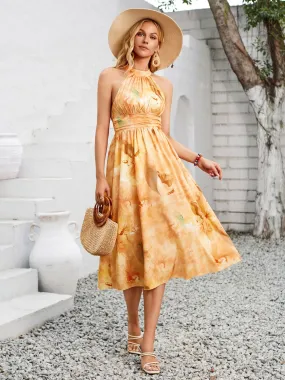 Sunset Vacation Swiss Dot Grecian Neck Midi Dress