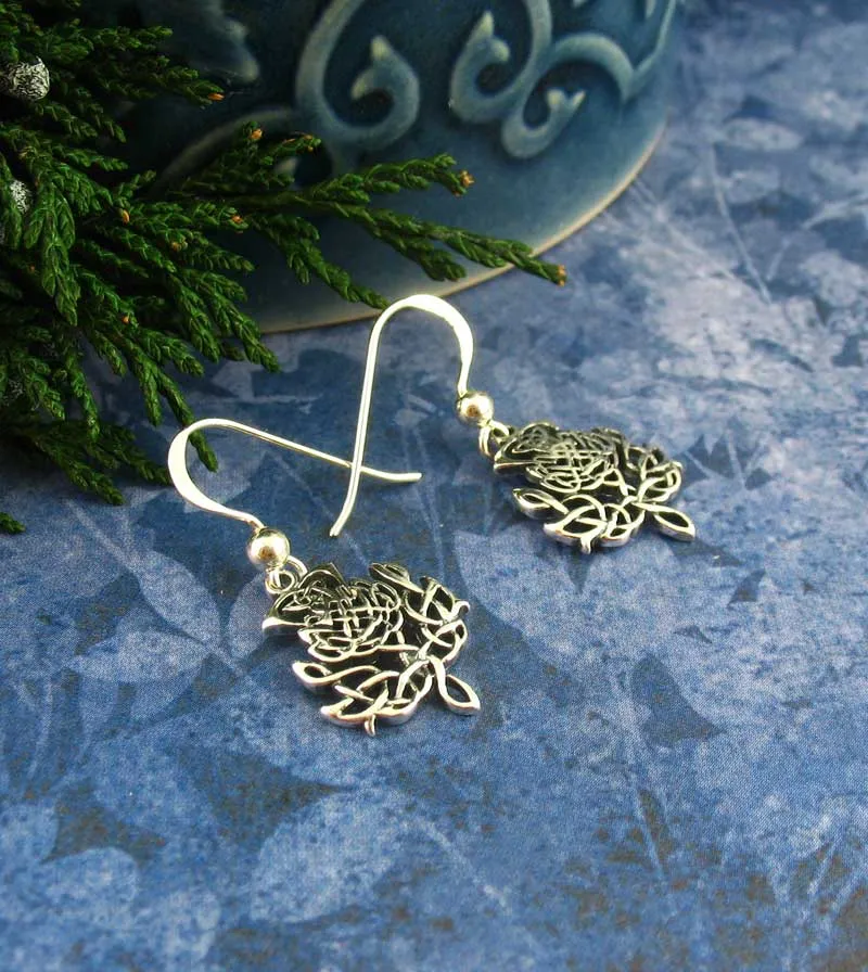 Thistle Flower Celtic Knot Drop Earrings