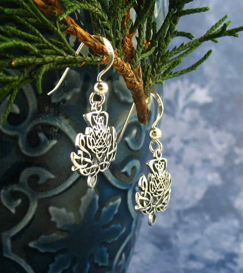 Thistle Flower Celtic Knot Drop Earrings