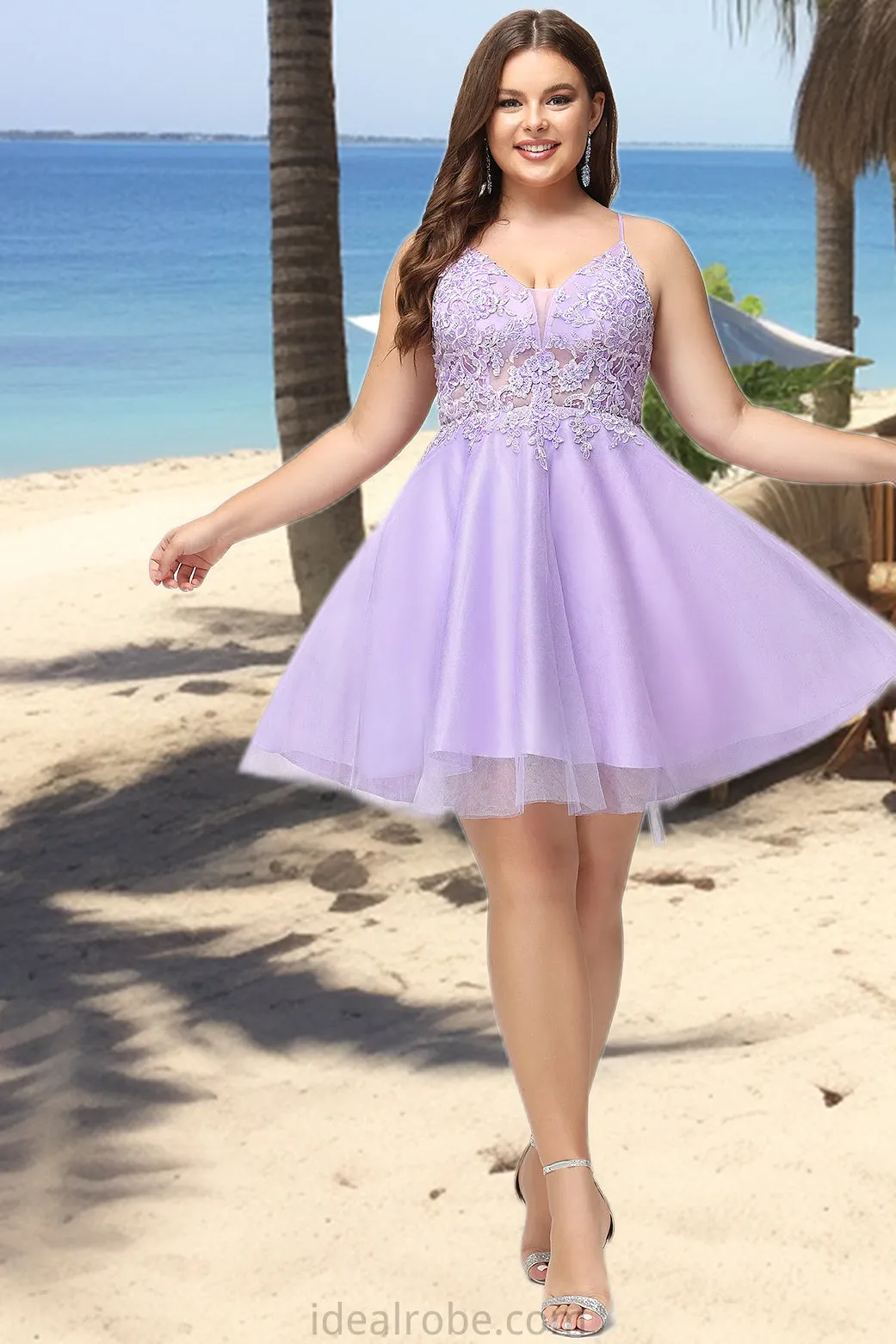 Undine A-line V-Neck Short/Mini Lace Tulle Homecoming Dress With Beading STKP0020501