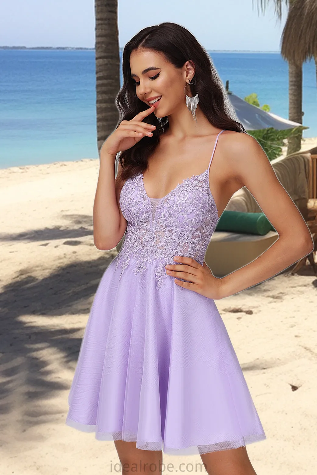 Undine A-line V-Neck Short/Mini Lace Tulle Homecoming Dress With Beading STKP0020501