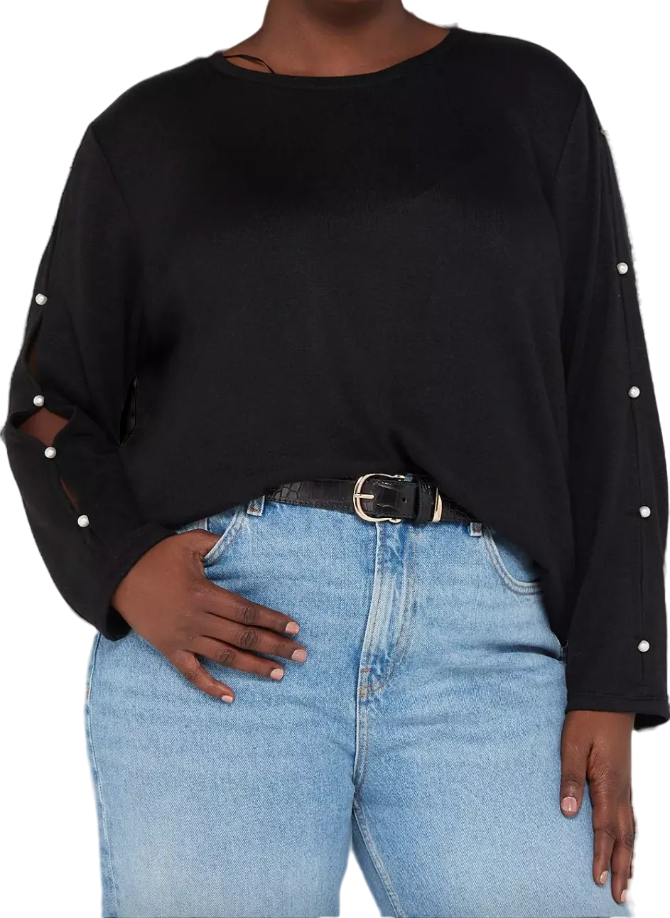 V by Very Curve Crew Neck Pearl embellished Sleeve Detail Top - Black UK 14