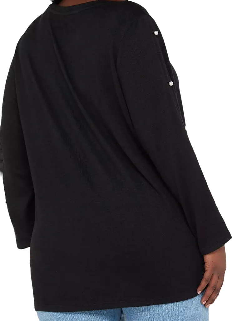 V by Very Curve Crew Neck Pearl embellished Sleeve Detail Top - Black UK 14