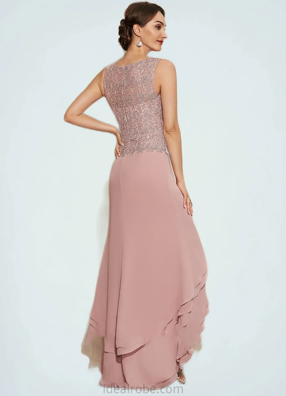 Virginia A-Line Scoop Neck Asymmetrical Chiffon Lace Mother of the Bride Dress With Cascading Ruffles STK126P0014845