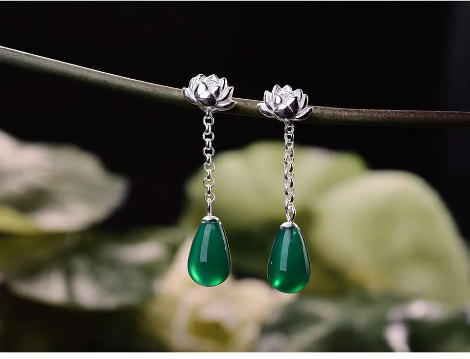 Water Drop Lotus Drop Earrings - 925 Sterling Silver