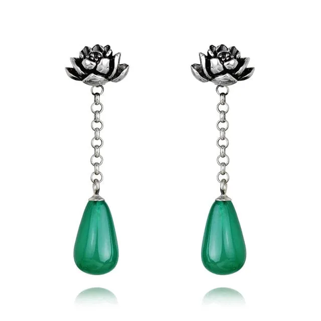 Water Drop Lotus Drop Earrings - 925 Sterling Silver