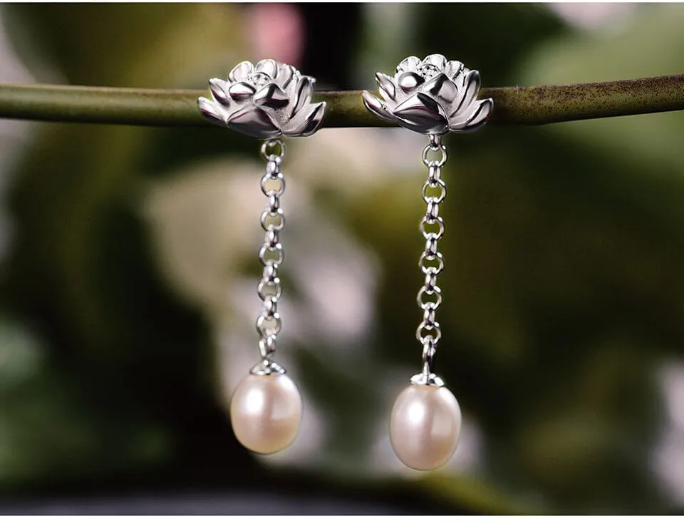 Water Drop Lotus Drop Earrings - 925 Sterling Silver