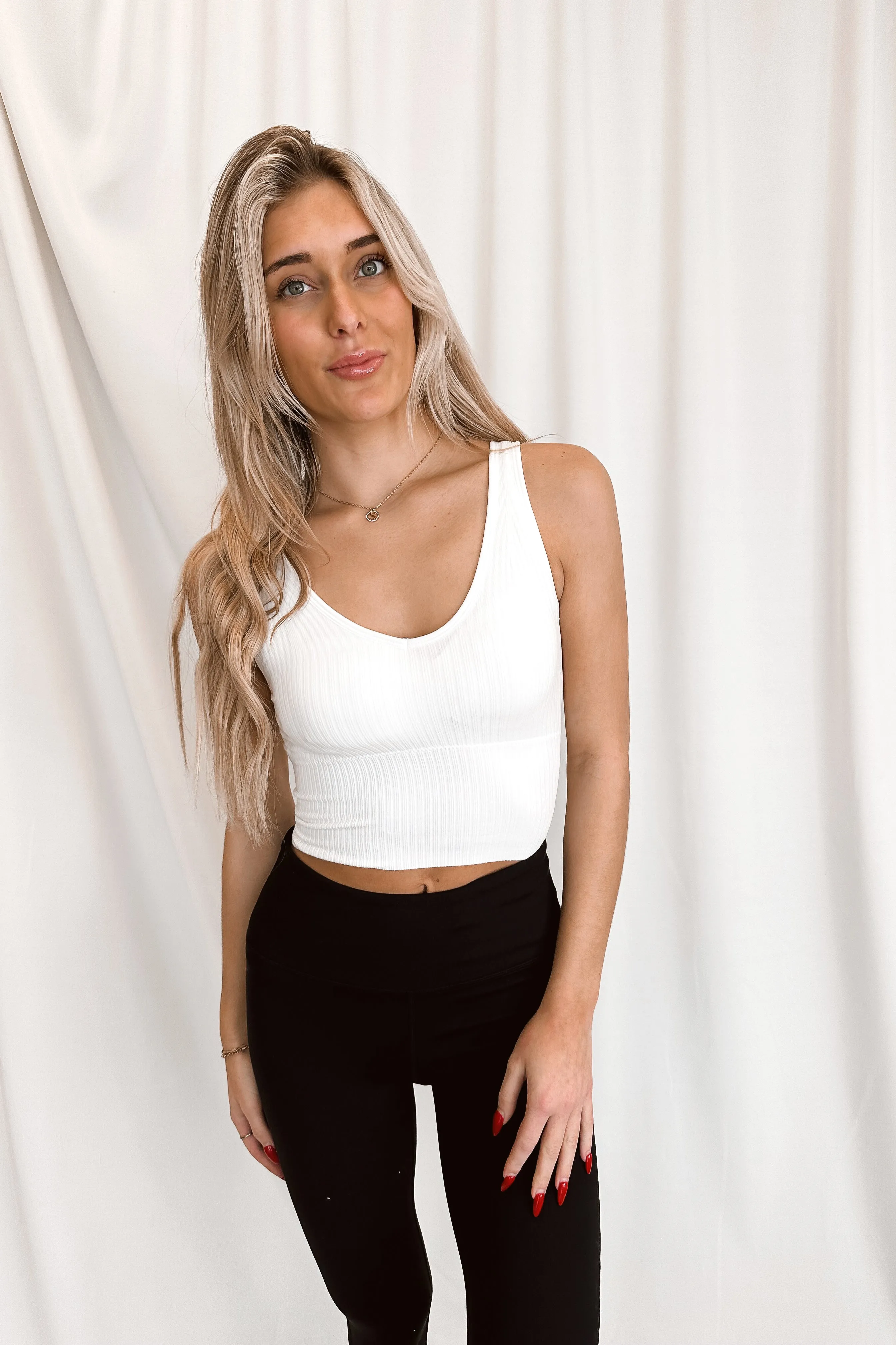 White Ribbed Crop Tank