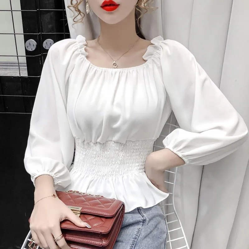 Youth Elegant Blouse Women Chiffon Fashion Blouse Off Shoulder White Shirt Ruffle Puff Sleeve Top Office wear 2022