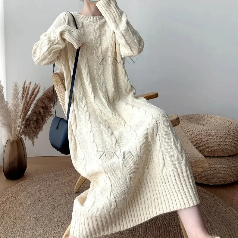 ZOMRY Autumn Winter New Twist Knitting Sweater Dress Korean Solid Color O-neck Loose Casual Fashion Warm Clothing Plus Size M XL