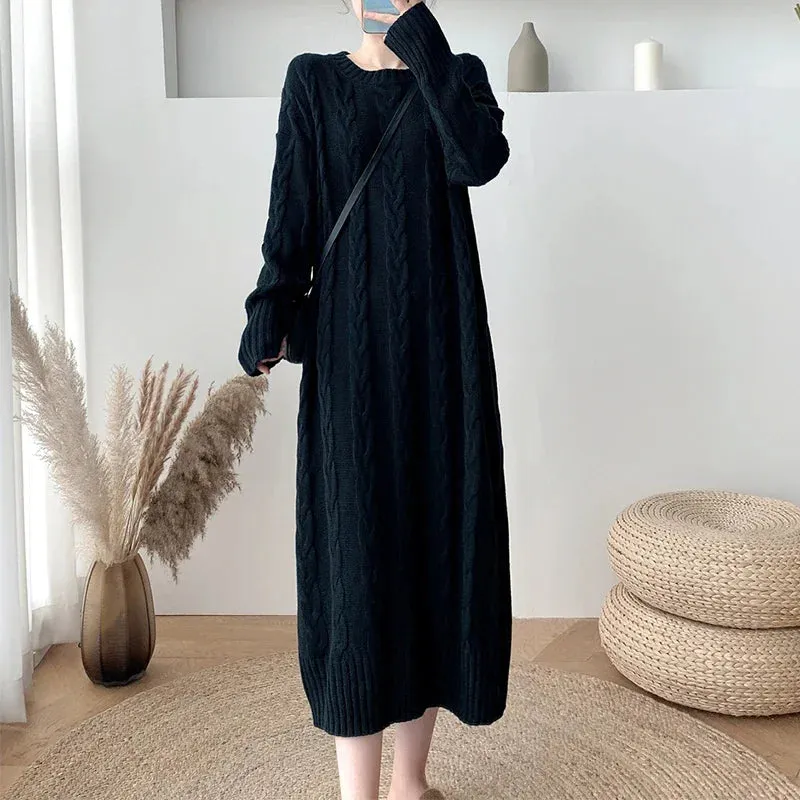 ZOMRY Autumn Winter New Twist Knitting Sweater Dress Korean Solid Color O-neck Loose Casual Fashion Warm Clothing Plus Size M XL