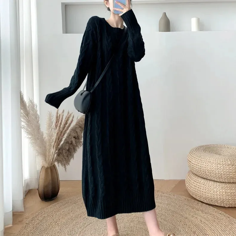 ZOMRY Autumn Winter New Twist Knitting Sweater Dress Korean Solid Color O-neck Loose Casual Fashion Warm Clothing Plus Size M XL