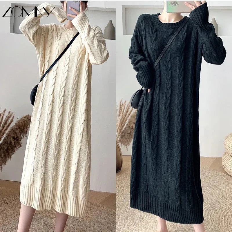 ZOMRY Autumn Winter New Twist Knitting Sweater Dress Korean Solid Color O-neck Loose Casual Fashion Warm Clothing Plus Size M XL