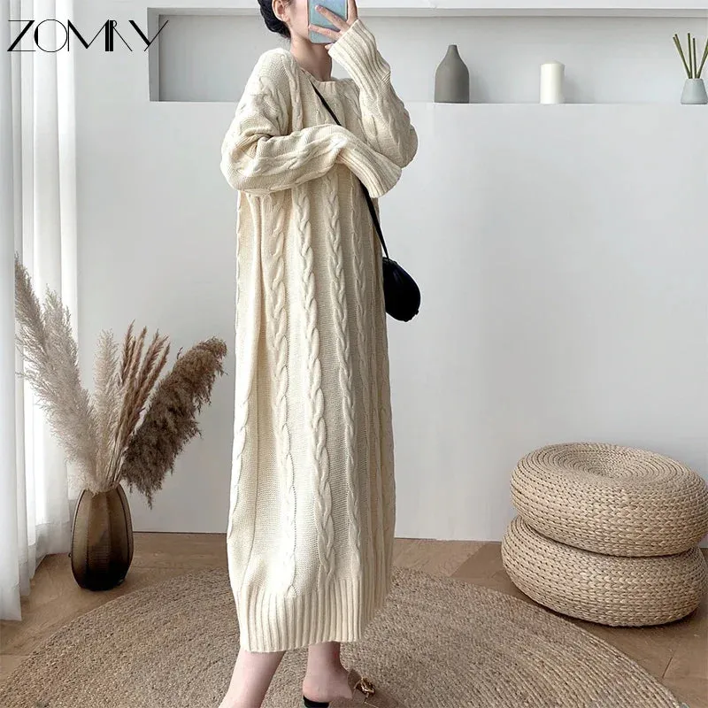 ZOMRY Autumn Winter New Twist Knitting Sweater Dress Korean Solid Color O-neck Loose Casual Fashion Warm Clothing Plus Size M XL