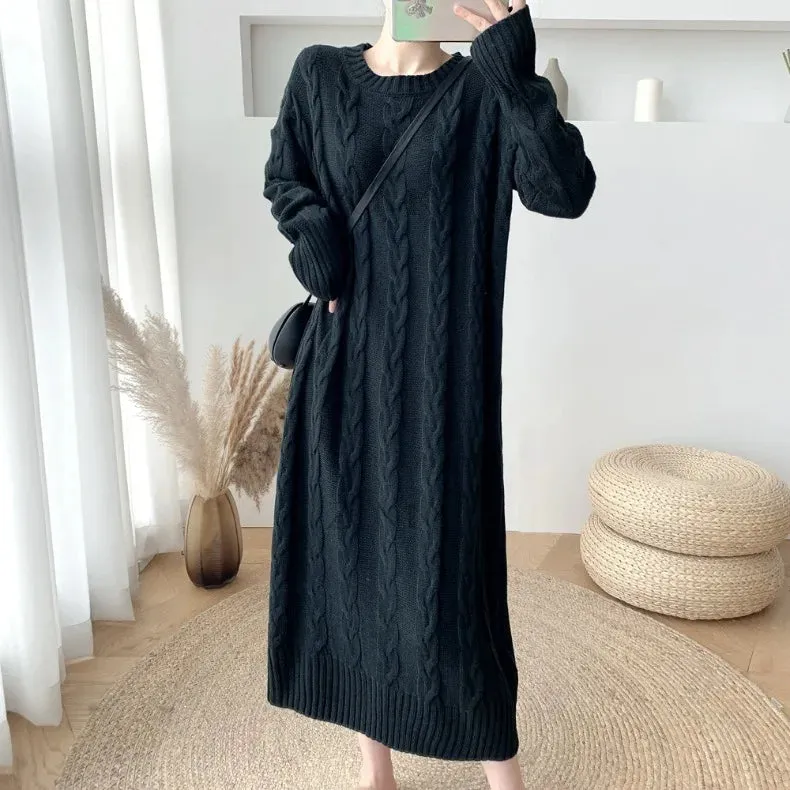 ZOMRY Autumn Winter New Twist Knitting Sweater Dress Korean Solid Color O-neck Loose Casual Fashion Warm Clothing Plus Size M XL