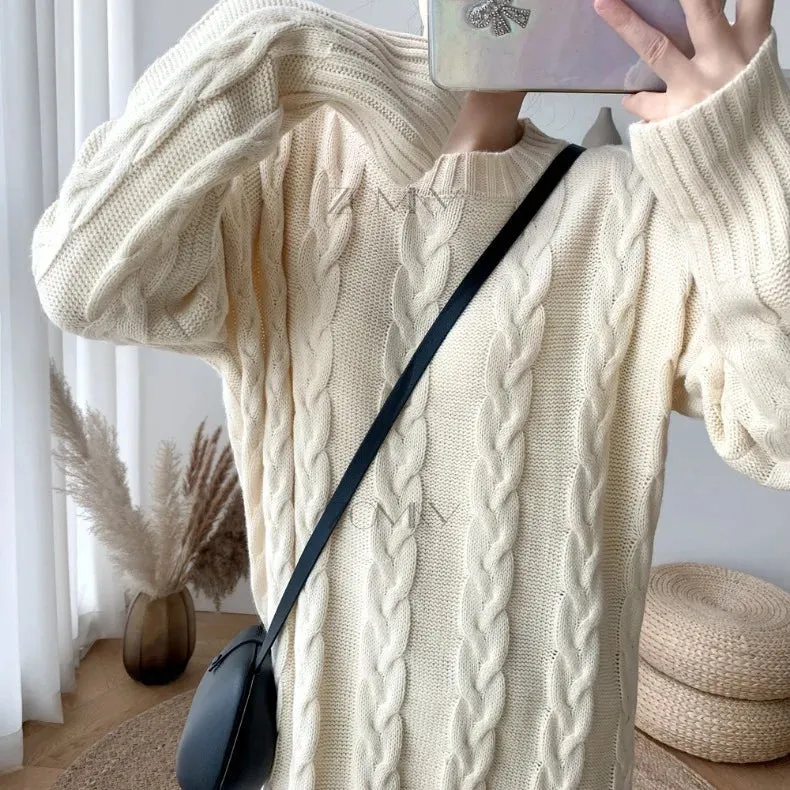 ZOMRY Autumn Winter New Twist Knitting Sweater Dress Korean Solid Color O-neck Loose Casual Fashion Warm Clothing Plus Size M XL