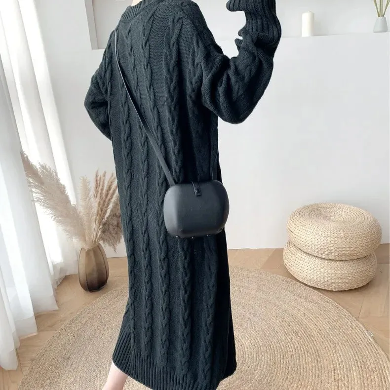 ZOMRY Autumn Winter New Twist Knitting Sweater Dress Korean Solid Color O-neck Loose Casual Fashion Warm Clothing Plus Size M XL